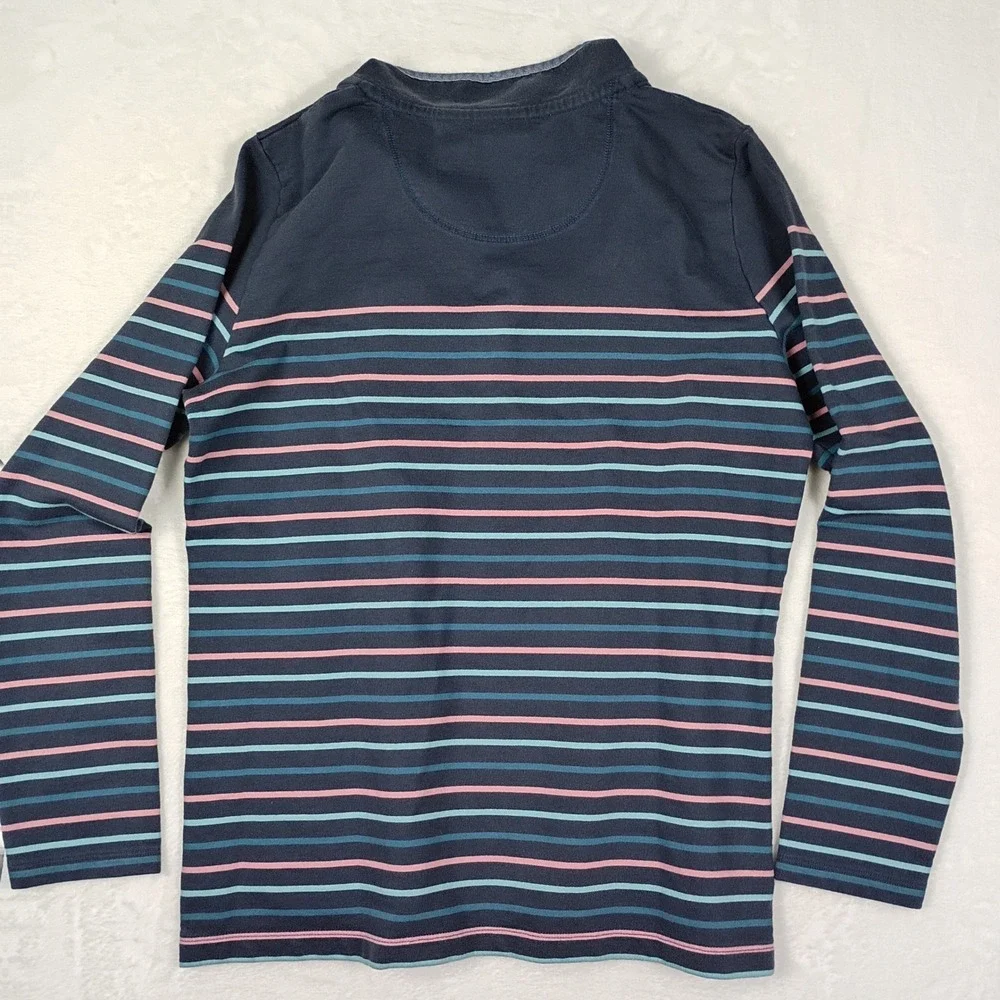LL Bean Mens Small Striped Quarter Button Pullover Mock Neck Navy Blue Teal Pink